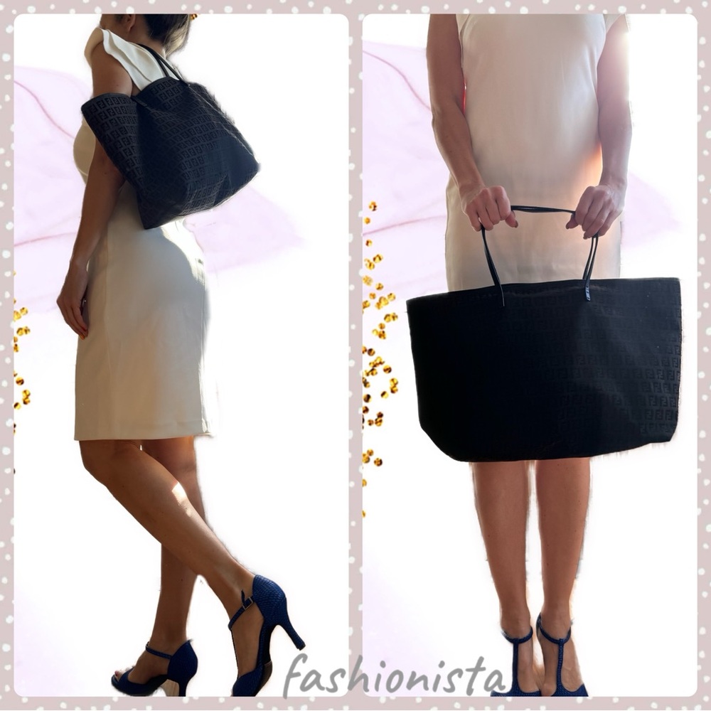 💯 Authentic FENDI Dark Brown Black Zucchino Canvas Tote Shoulder Bag